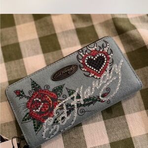Ed Hardy Denim Wallet with Red and Black Embroidery NWT